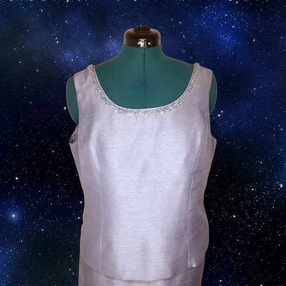 Vintage Silver Blue Pearl Kasper Suit Jacket Skirt Set Size 16 - Picture 3 of 5